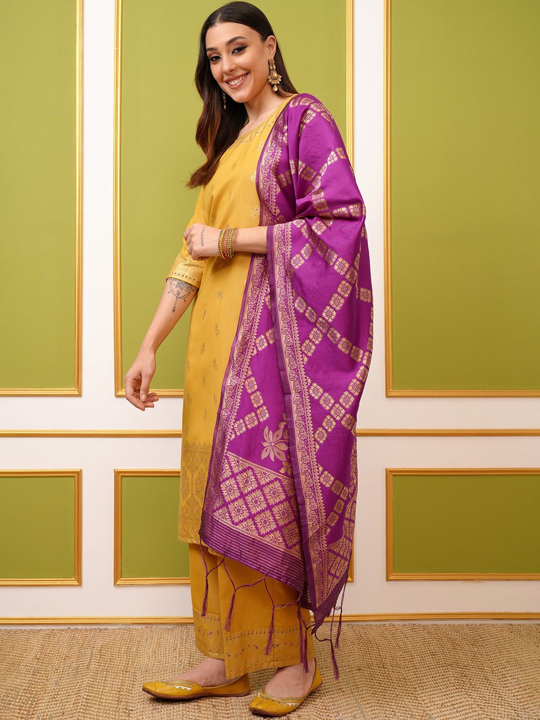 Vishudh Yellow Ethnic Motifs Printed Regular Kurta With Palazzos & Dupatta