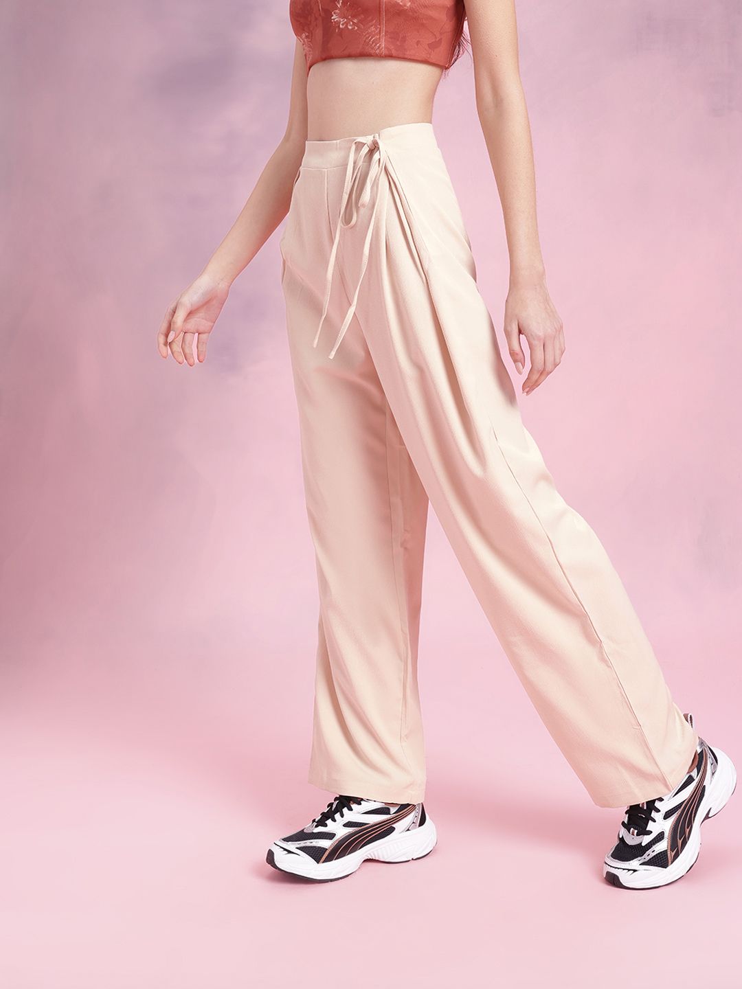 DressBerry Women Soft & Sleek Pleated Waist Tie-Up  Loose Fit Trousers