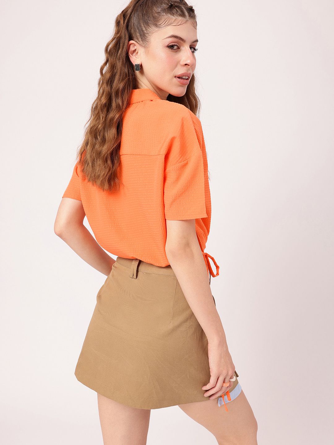 DressBerry Splash Of Orange Seersucker Shirt Style Crop Top