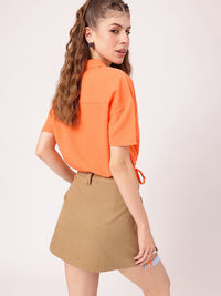 DressBerry Splash Of Orange Seersucker Shirt Style Crop Top