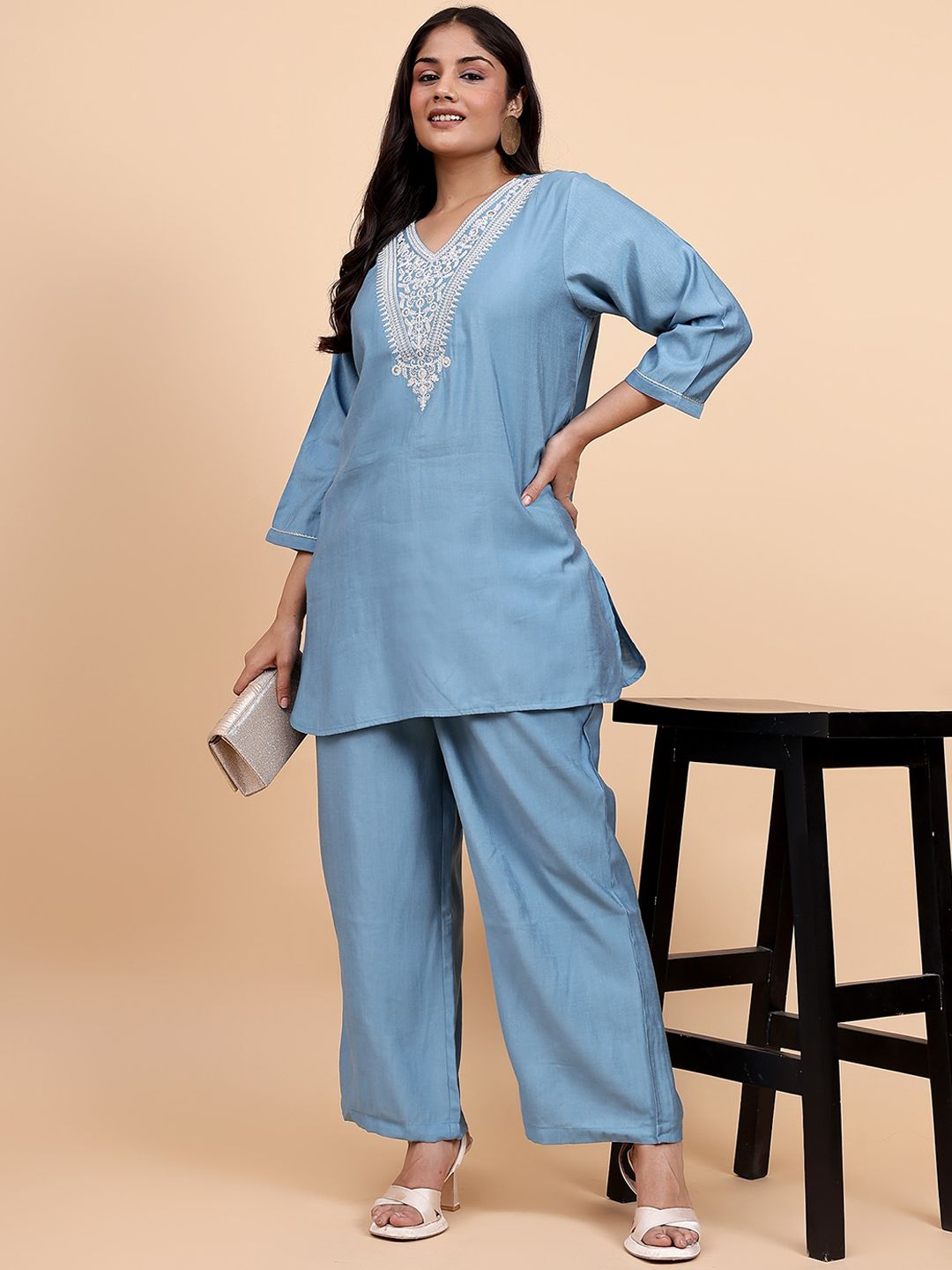 Bani Women Plus Size Etnic Motifs Embroidered V-Neck Tunic With Trousers
