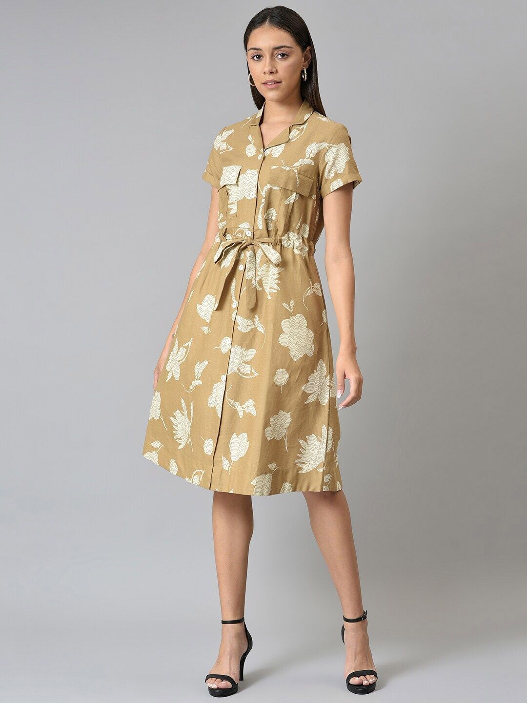 W Brown Printed Shirt Dress
