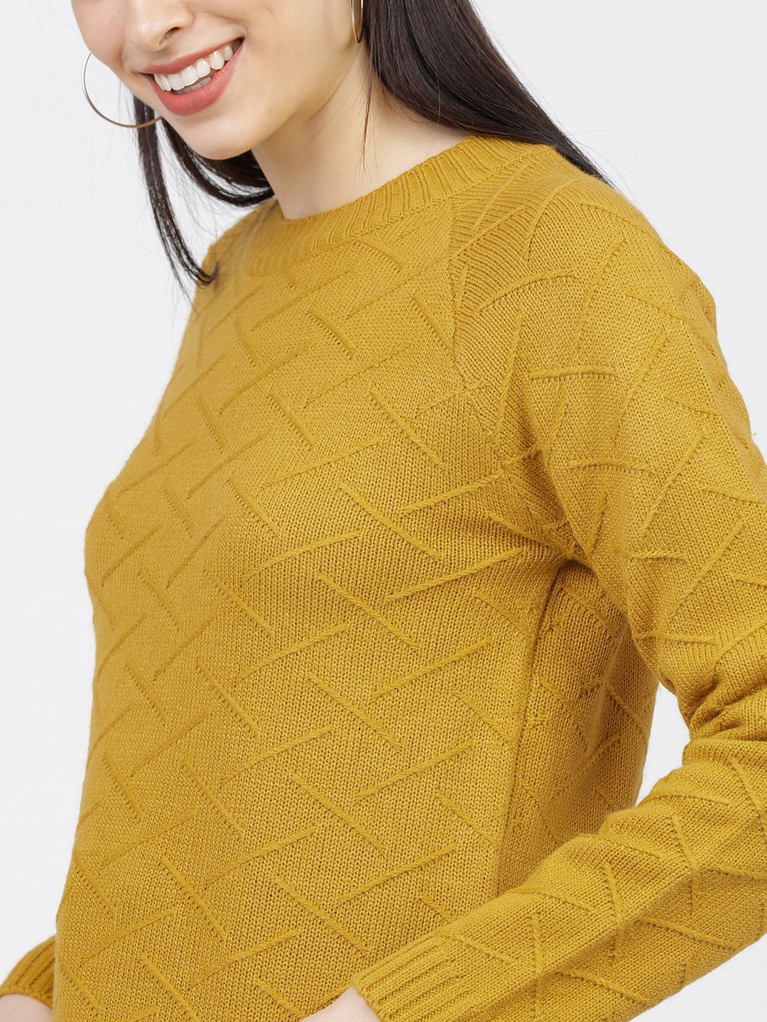 Tokyo Talkies Women Mustard Self Design Sweater