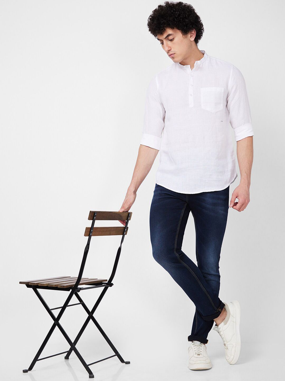 SPYKAR Mandarin Collar Long Sleeves Casual Linen Shirt