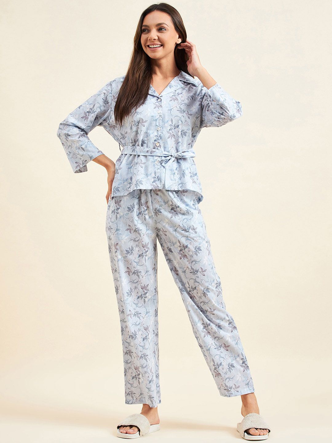 Sweet Dreams Blue Floral Printed Pure Cotton Top With Pyjamas