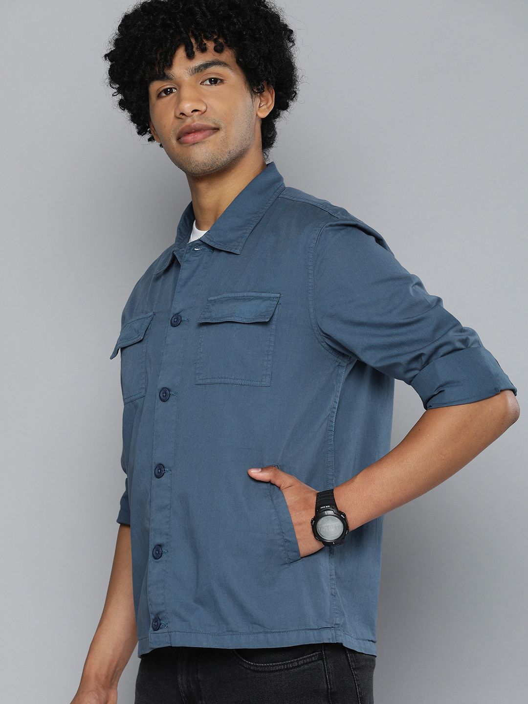 The Indian Garage Co Men  Utililty Regular Fit Solid Shirt with Double flap Pocket