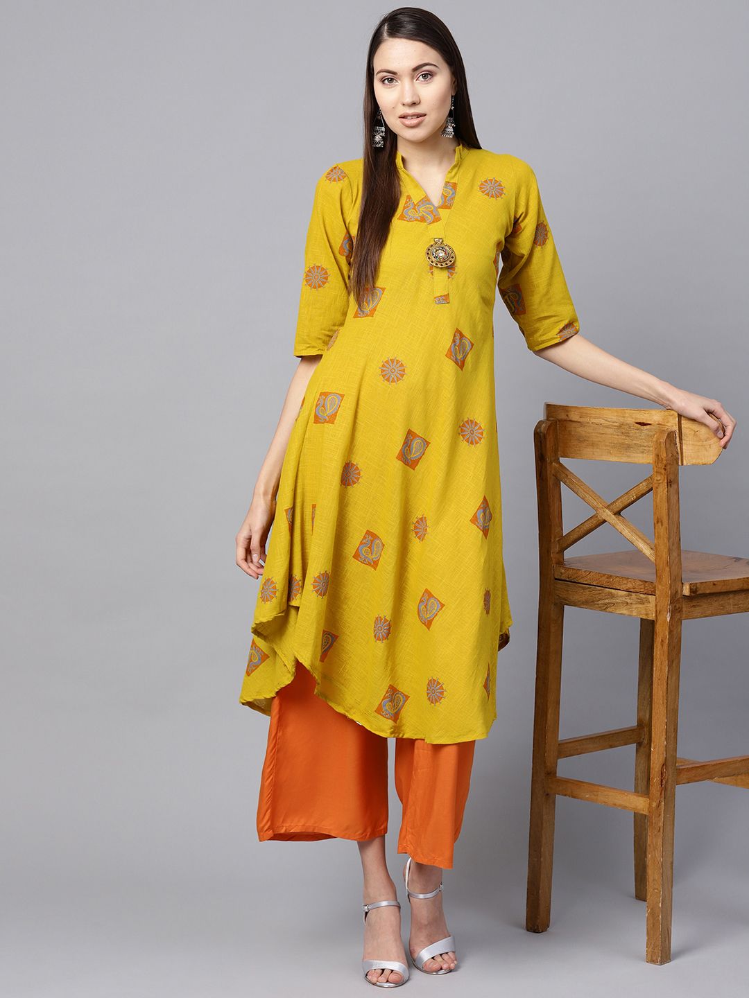 SOJANYA Kurta A-Line Printed Mustard Kuning & Jingga Wanita