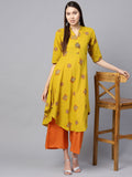 SOJANYA Kurta A-Line Printed Mustard Kuning & Jingga Wanita