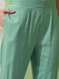 Vishudh Green Embroidered Tie-Up Neck Straight Kurta With Trousers & Dupatta