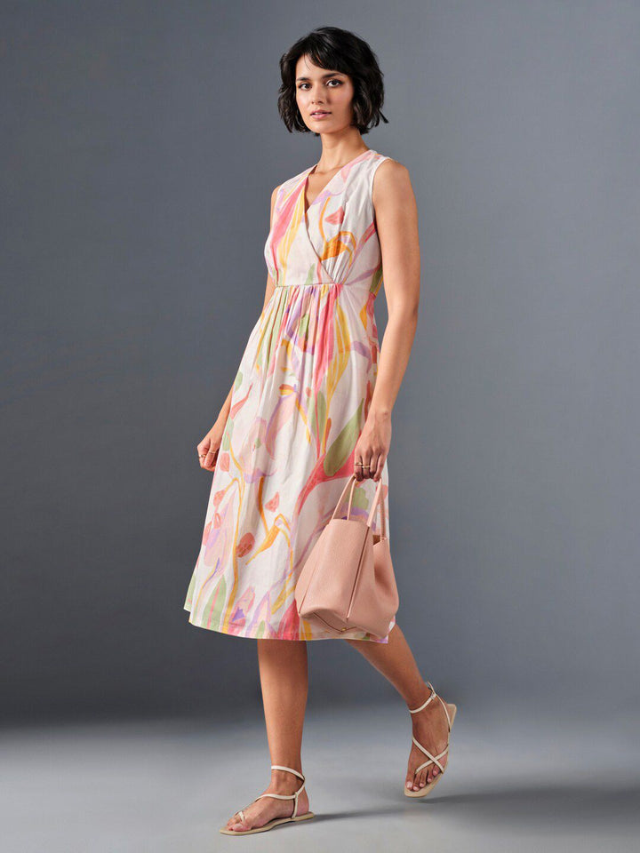 AND Floral Printed V-Neck Gathered Cotton A-Line Dress
