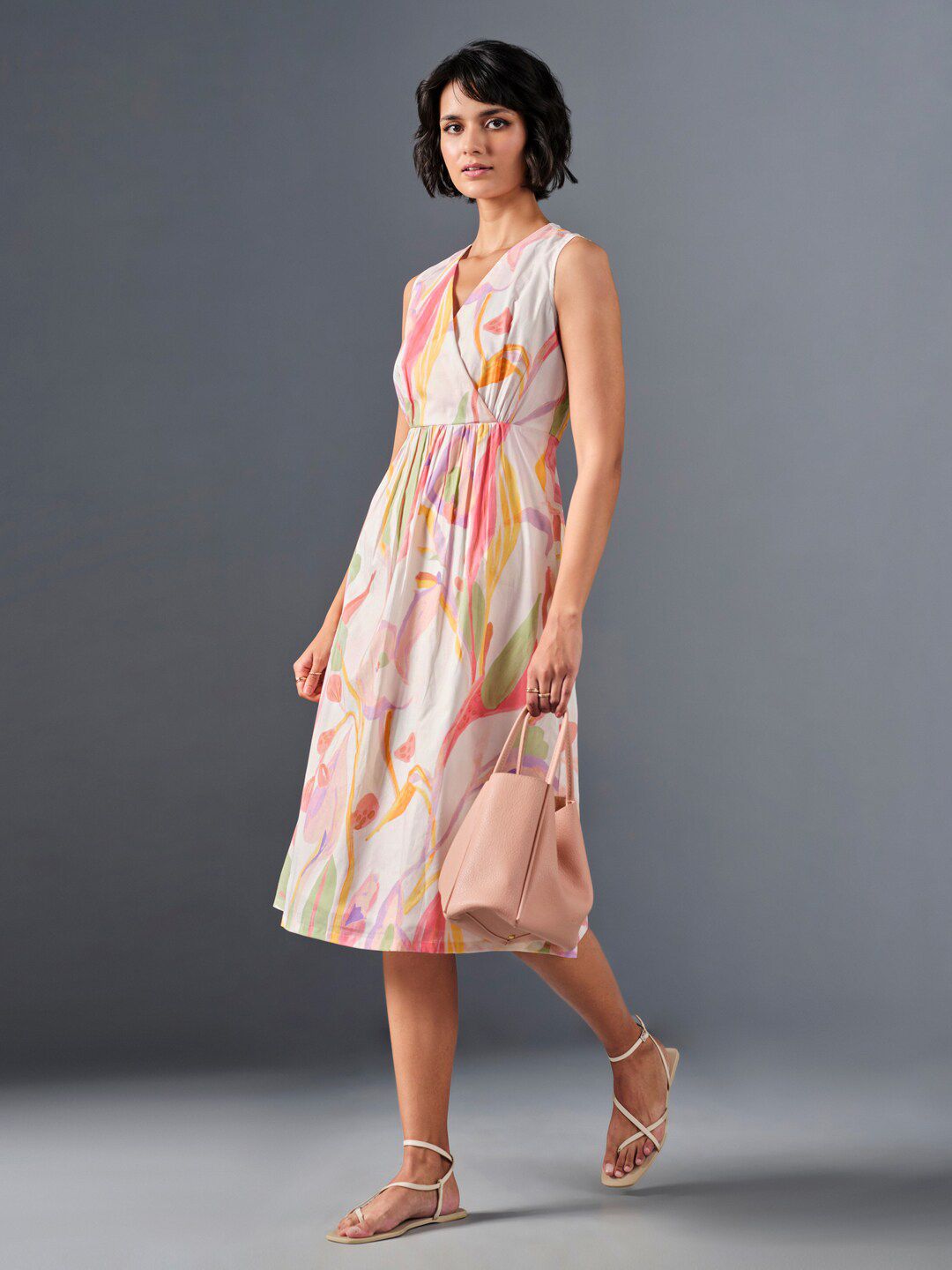 AND Floral Printed V-Neck Gathered Cotton A-Line Dress