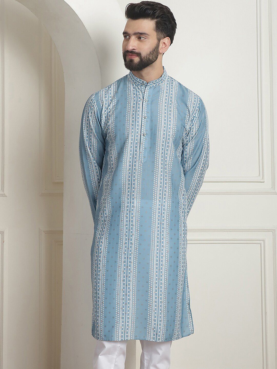 SOJANYA Mandarin Collar Lengan Panjang Cotton Thread Work Kurta