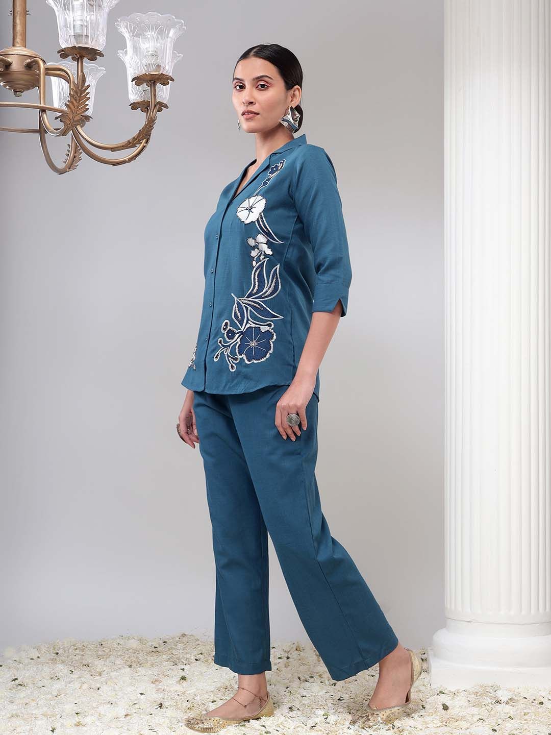 Bani Women Floral Embroidered Shirt & Palazzos Set
