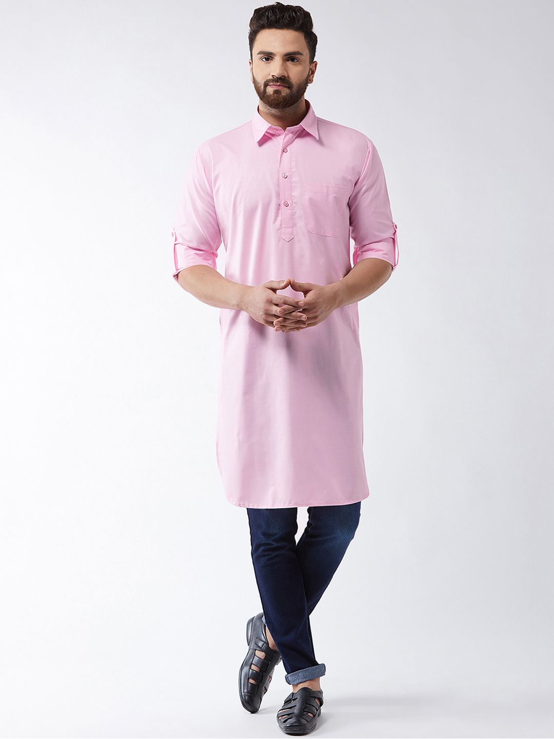 SOJANYA Men Pink Solid Straight Kurta