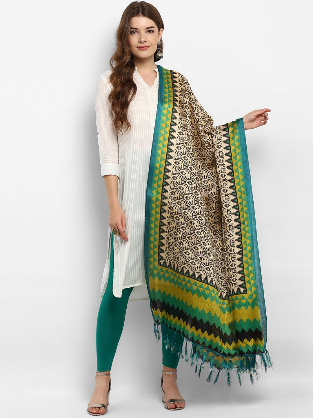 Saree mall Cream-Coloured & Green Printed Dupatta