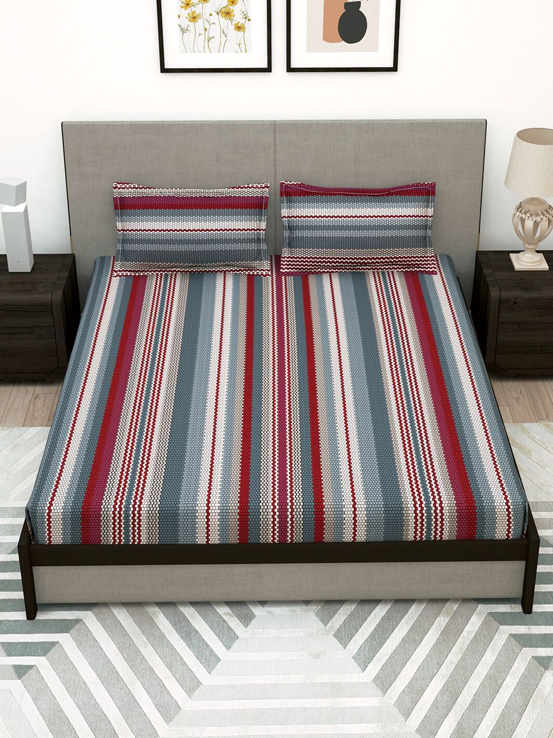 Story@home Grey & Red Striped 180 TC Flat Queen Bedsheet with 2 Pillow Covers