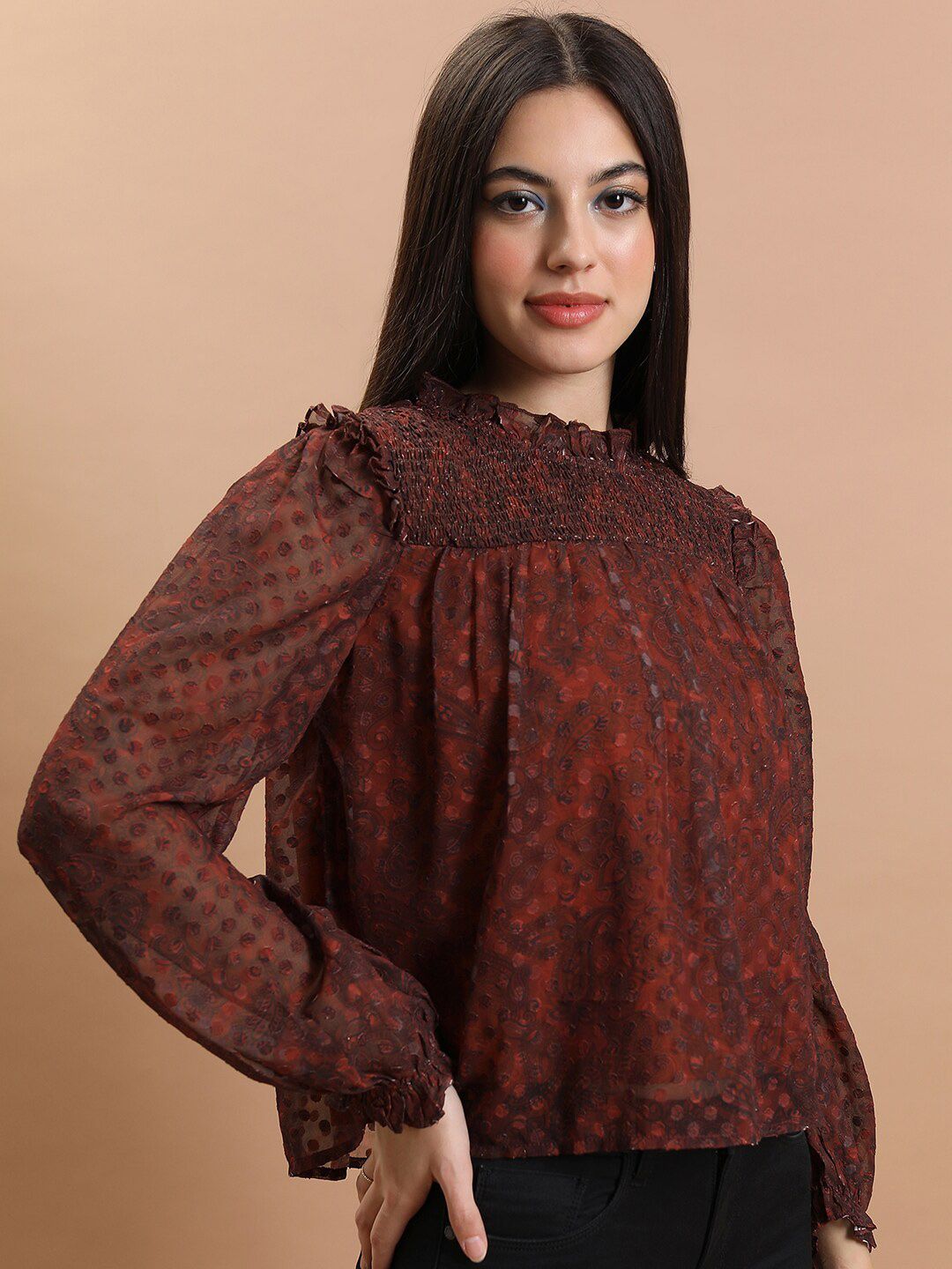 Tokyo Talkies Rust Smocked Print Blouson Top