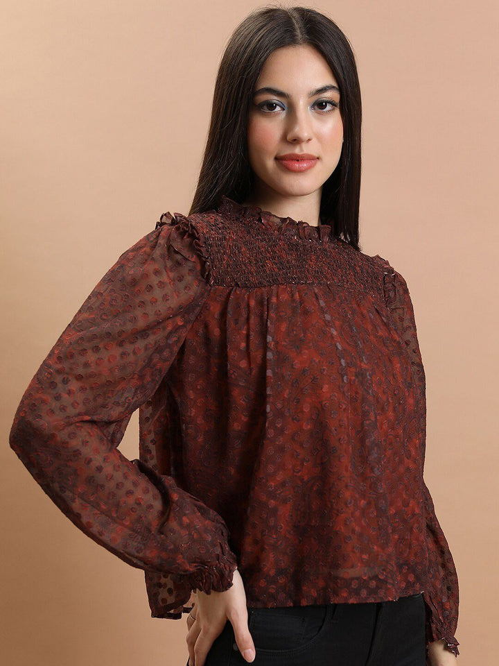 Tokyo Talkies Rust Smocked Print Blouson Top
