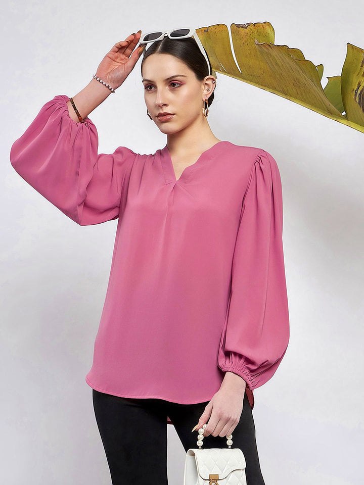 SASSAFRAS Mandarin Collar Puff Sleeve Georgette Top