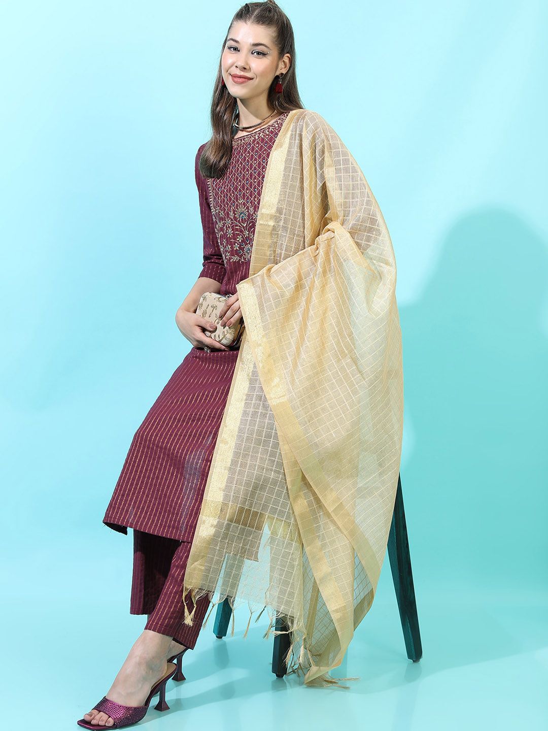 Vishudh Women Striped Pure Cotton Kurta with Trousrer & Dupatta