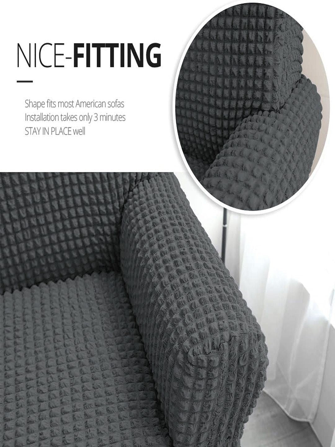 Cortina Grey Self Design Stretchble 1-Seater Sofa Cover with Skirt