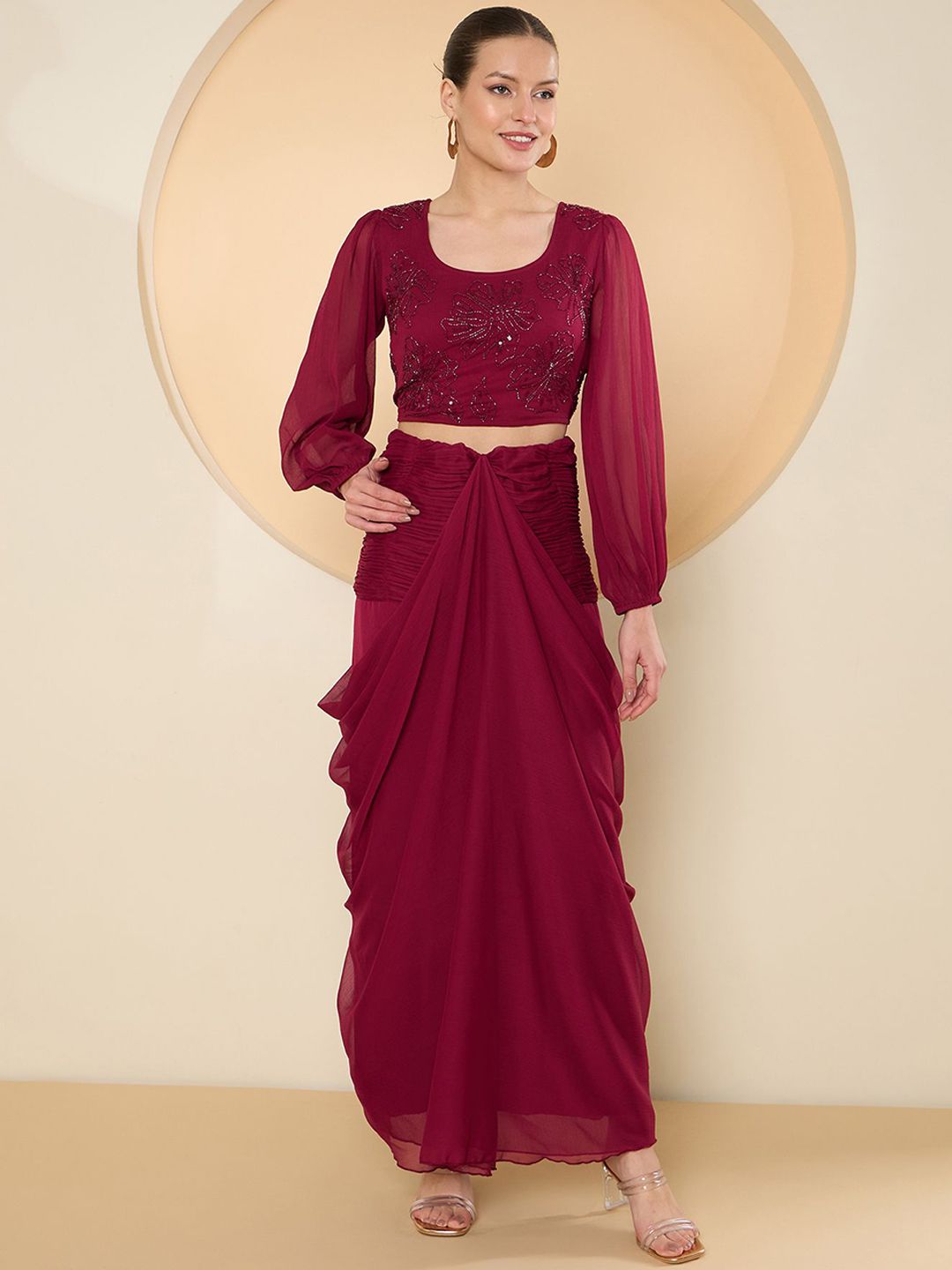 Antheaa Round Neck Floral Beads And Stones Crop Top With Skirts