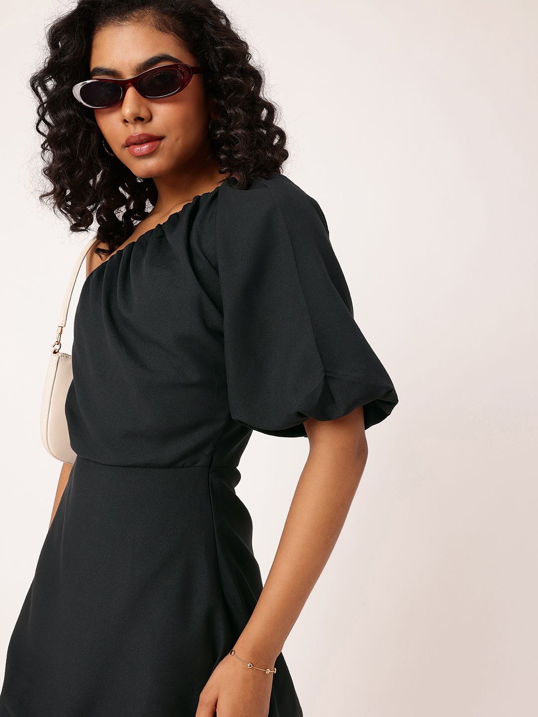 DressBerry Cutesy Classic One Shoulder Gathers Puff Sleeve Mini A-Line Dress