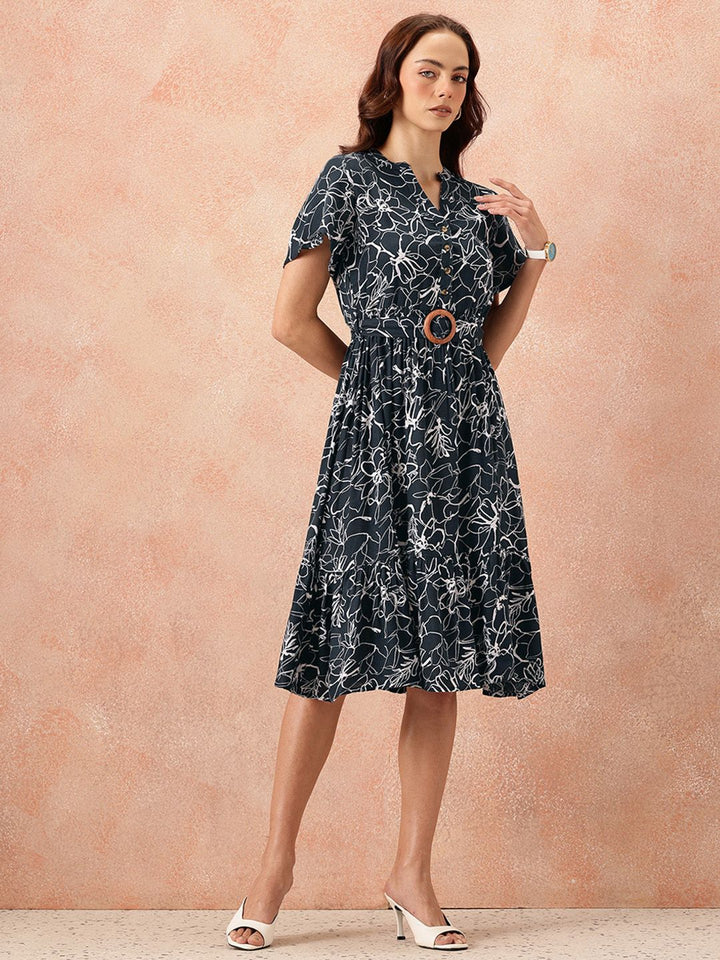 all about you Floral Print Flutter Sleeves A-Line Midi Dress with Belt