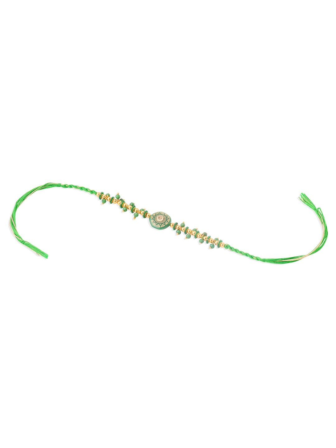 NVR Unisex Green Artificial Beads Round Shape Thread Rakhi with Roli Chawal