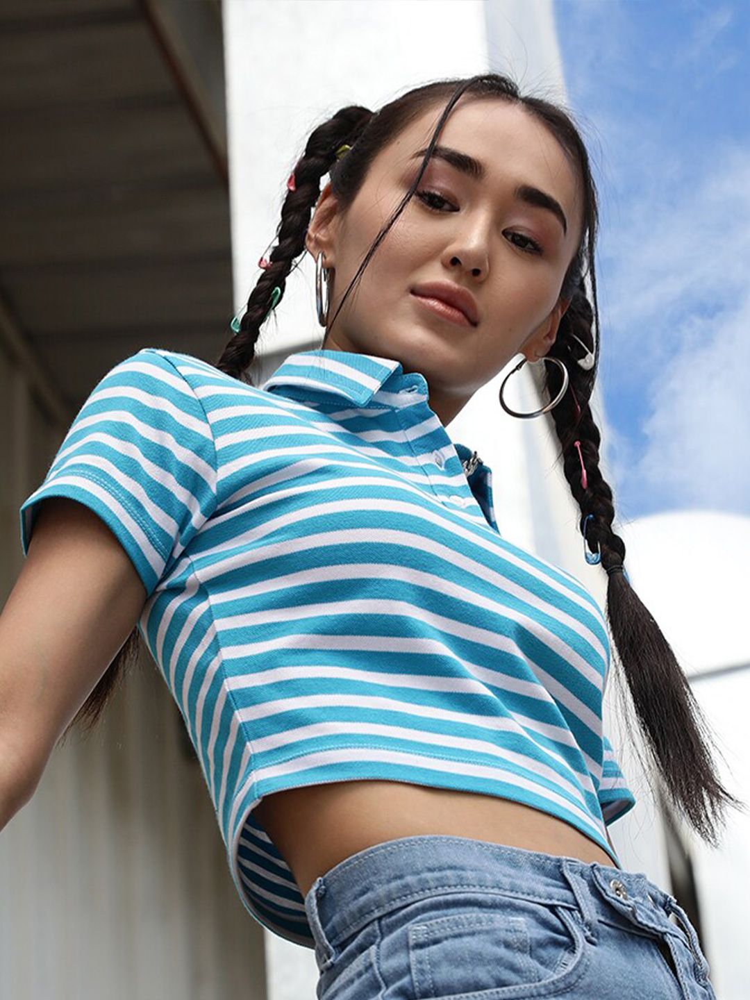 STREET 9 Women Turquoise Blue Polo Collar Pure Cotton Crop T-shirt