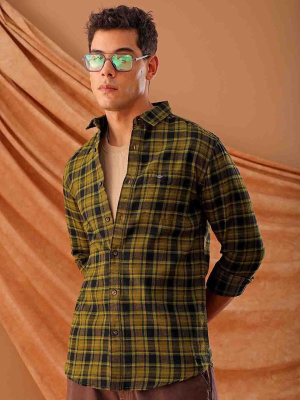 The Indian Garage Co. Spread Collar Slim Fit Tartan memeriksa baju kasual kapas