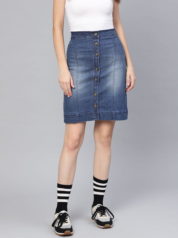 SASSAFRAS Women Blue Washed Denim A-Line Skirt
