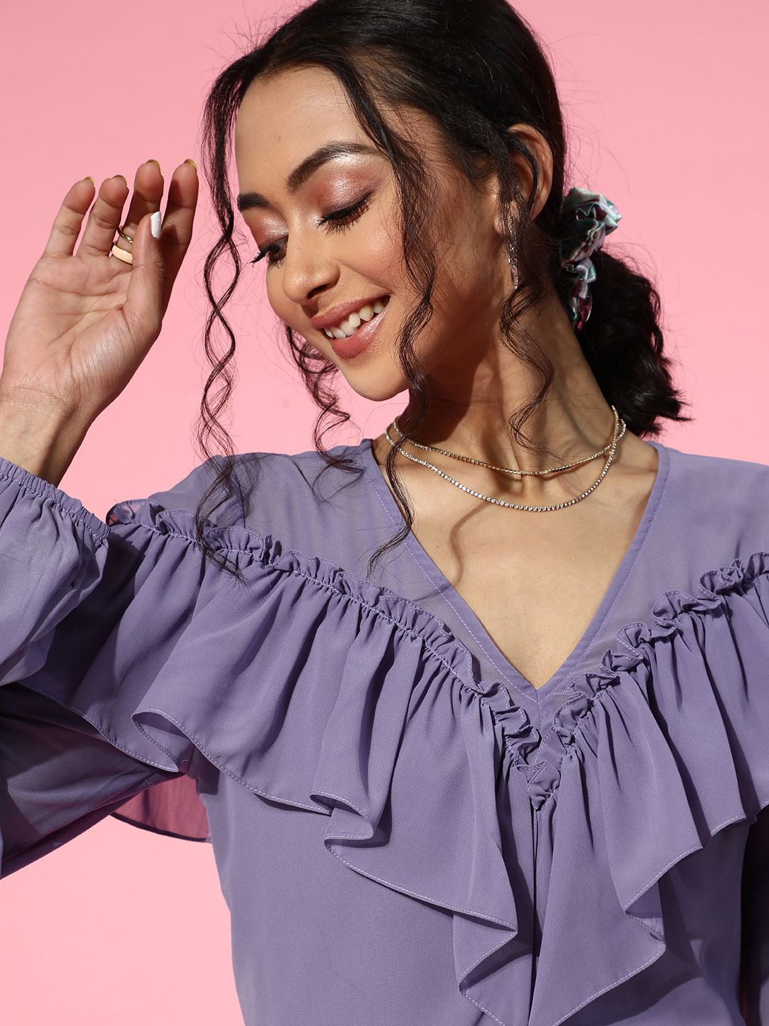 Athena Wanita Lavender Elegant Solid Ruffled atas