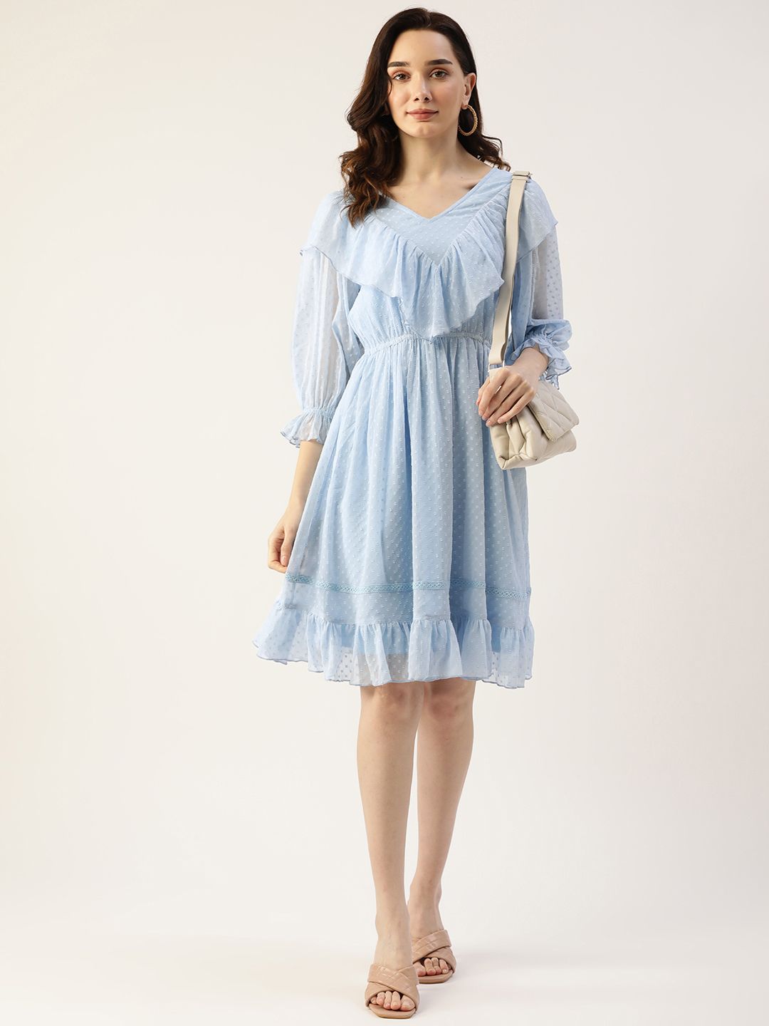 Antheaa Women Blue Dobby Weave Ruffle Detail A-Line Dress