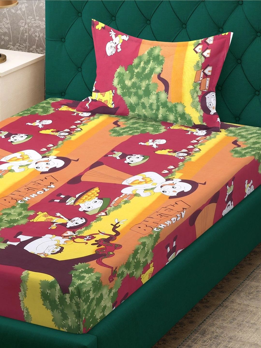 Moda Rapido X KLOTTHE Watak Kartun Hijau & Merah 400 TC Cadar Bujang dengan 1 Sarung Bantal