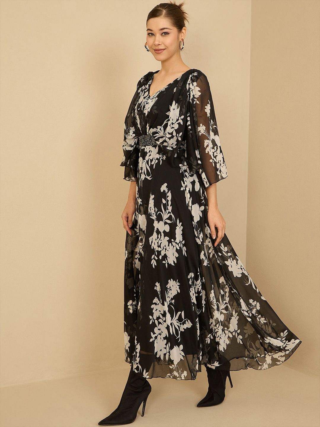 Antheaa Women Floral Printed Embellished Maxi Dress