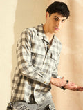 DENNISON Smart Oversized Checked Cuban Collar Flannel Weave Cotton Casual Shirt