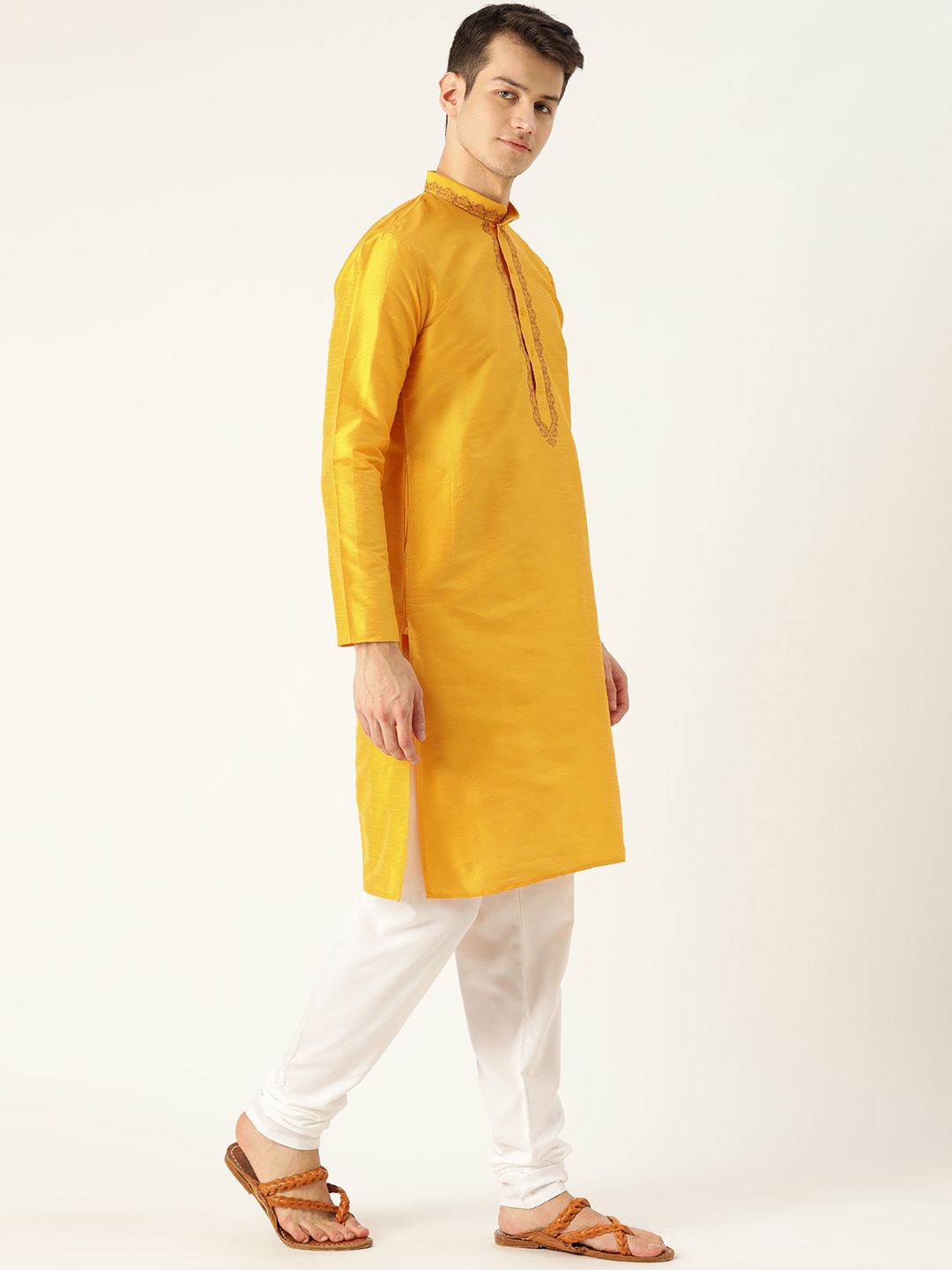 SOJANYA Men Yellow Yoke Design Straight Kurta