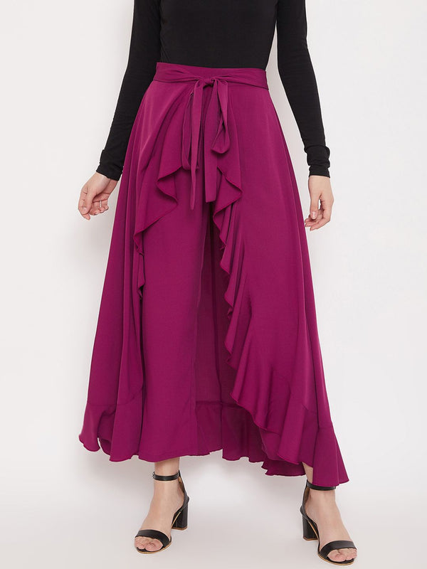 Berrylush Women Purple Solid Ruffle Maxi Wrap Pant Skirt
