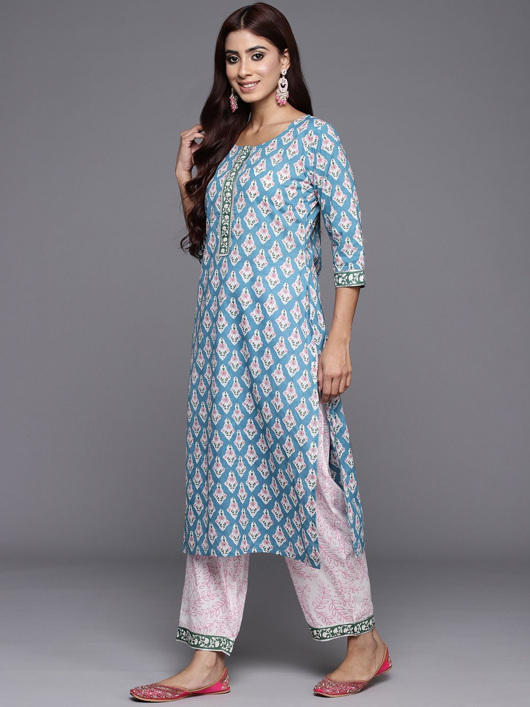 Libas Women Blue Floral Printed Pure Cotton Kurta with Trousers & With Dupatta