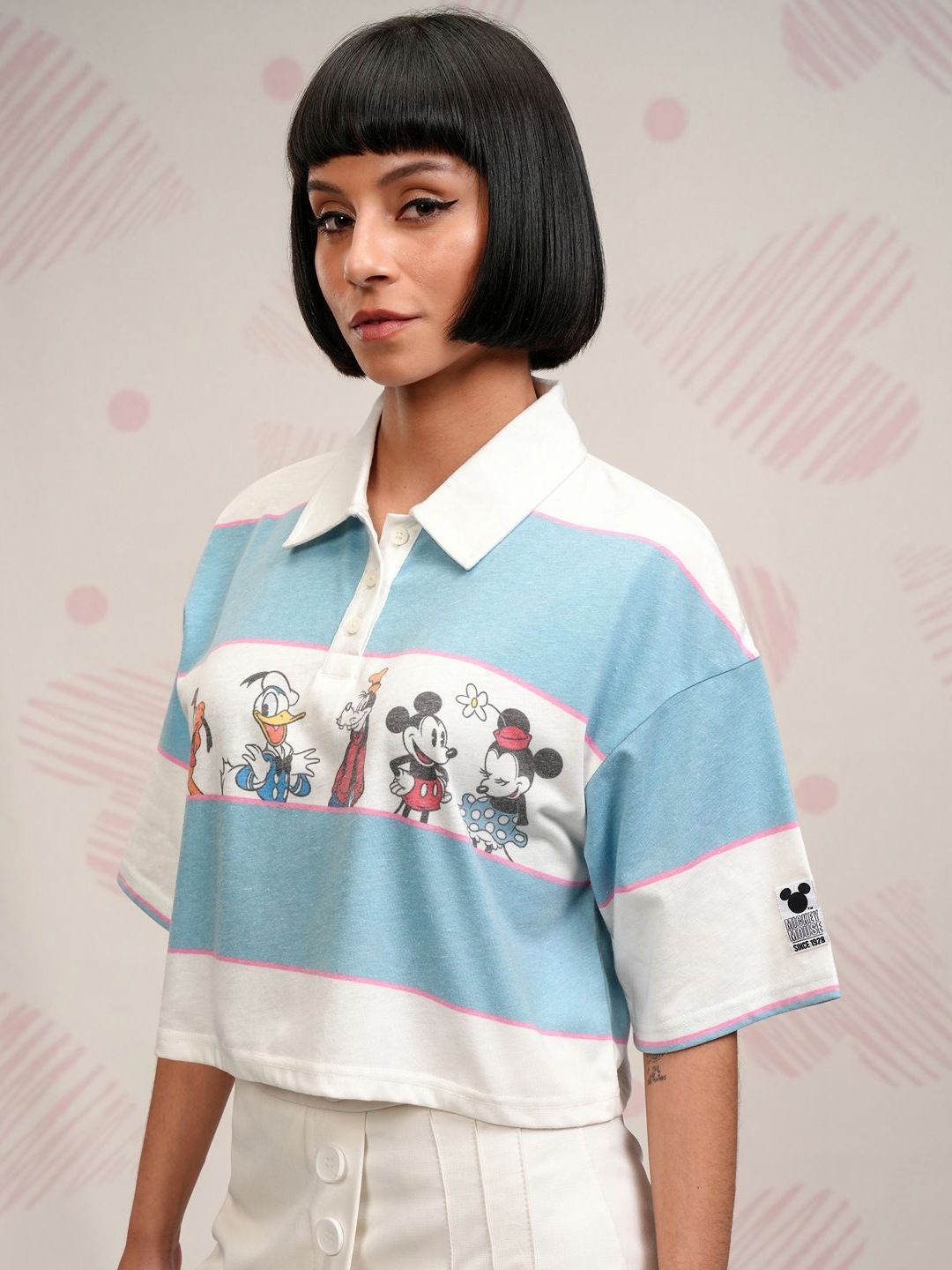Tokyo Talkies Disney Women Mickey Friends Striped Crop Tshirt