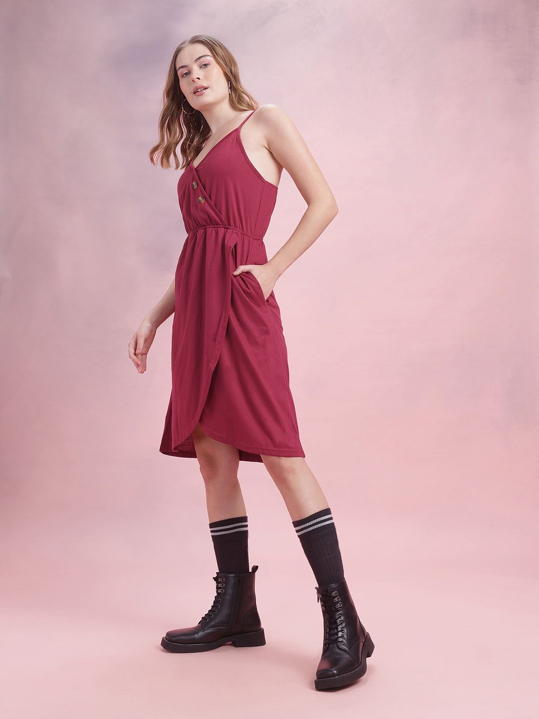 DressBerry Gathered Detail Shoulder Straps A-Line Wrap Dress with Mock Buttons