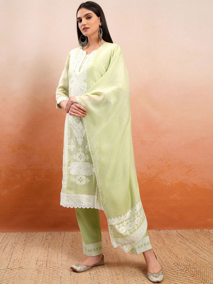 Vishudh Green Embroidered Mirror Work Straight Kurta With Trousers & Dupatta