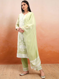 Vishudh Green Embroidered Mirror Work Straight Kurta With Trousers & Dupatta