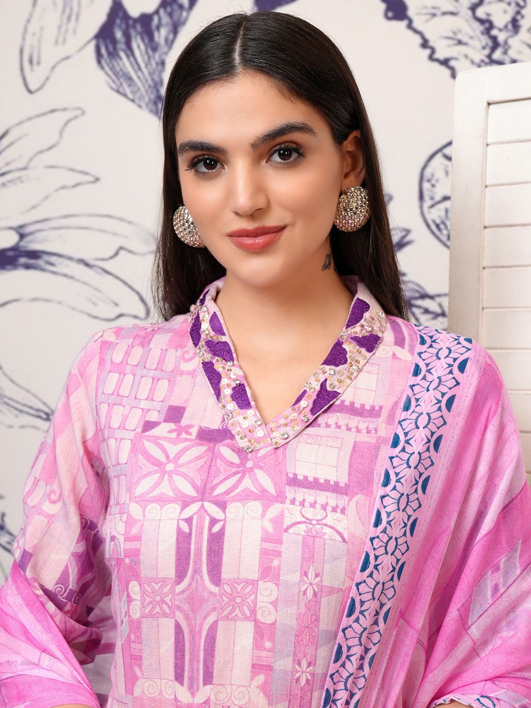 Vishudh Purple Ethnic Motifs Printed Sequinned Pure Cotton Kurta with Trouser & Dupatta