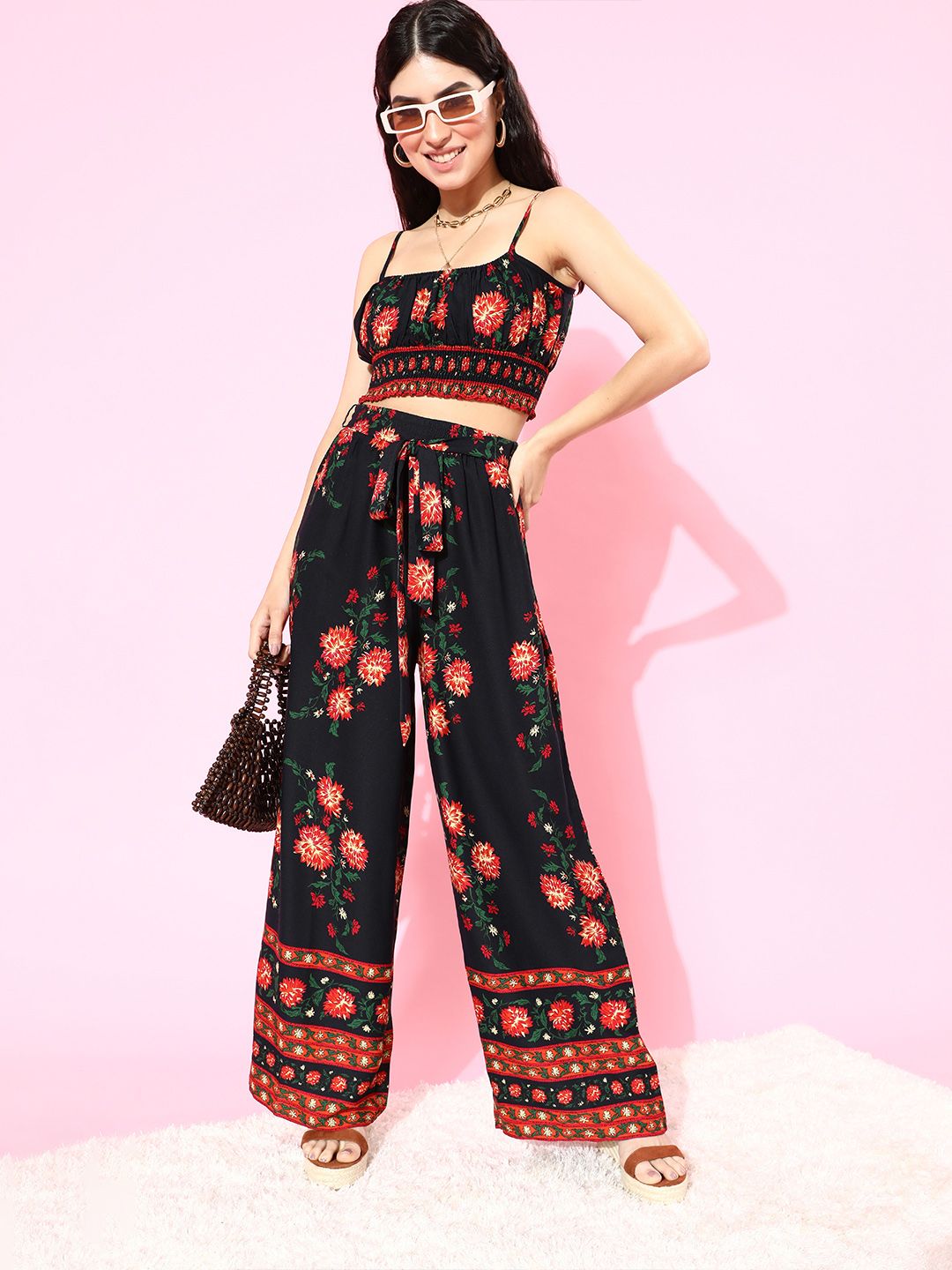 Berrylush Women Deep Navy Blue Printed Top with Trousers
