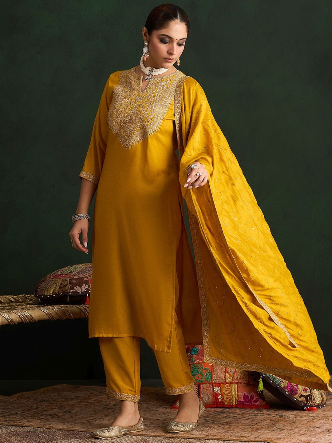 Indo Era Women Paisley Embroidered Regular Kurta with Trousers & With Dupatta