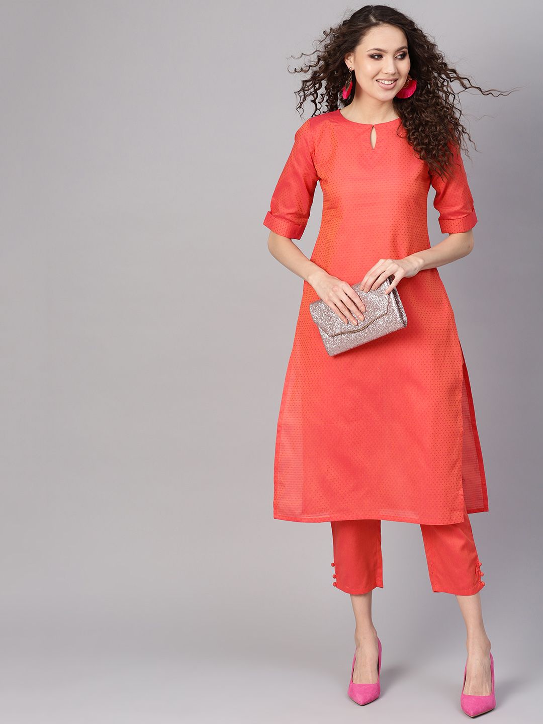 Gerua By Libas Women Coral Red  Pink Self Design Kurta with Trousers