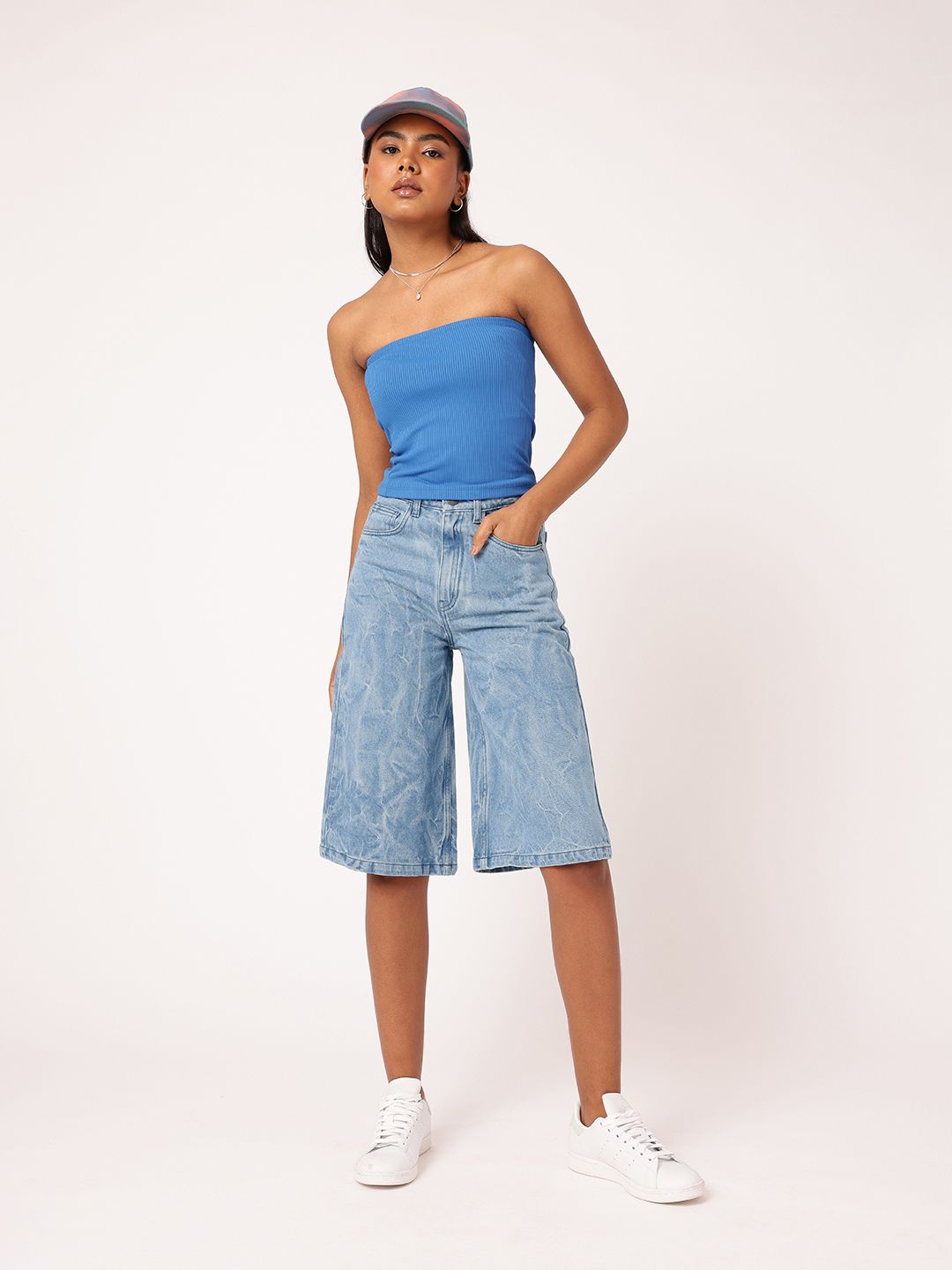 DressBerry Women Urban Street Crinkle Effect Washed Knee Length High Rise Denim Shorts