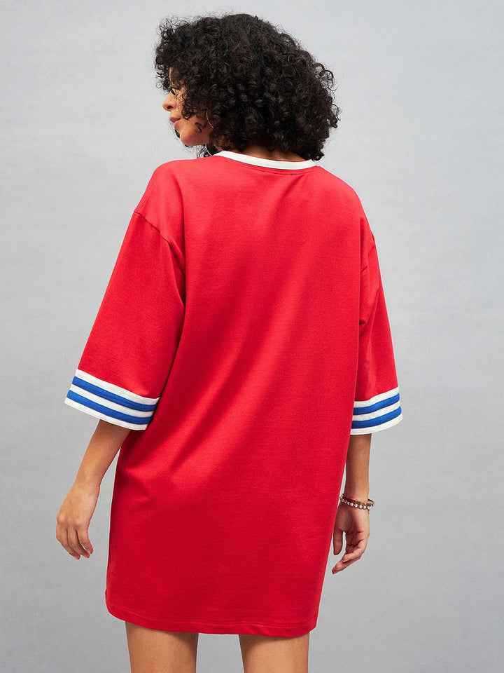 SASSAFRAS Red Typography Printed Cotton T-shirt Mini Dress